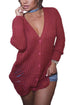 Sexy Maroon Button Closure Distressed Long Sweater